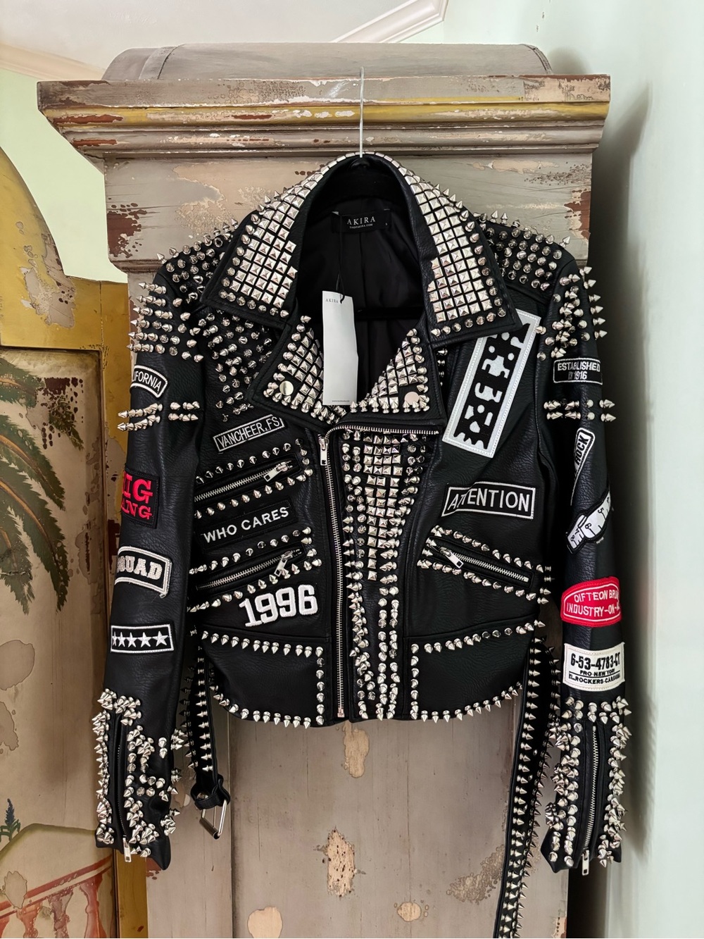 AKIRA Black Studded Patchwork Moto Jacket